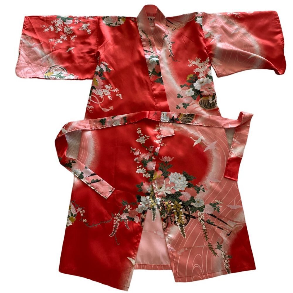 JAPANESE Kimono with Belt Polyester Red Colour with Flowers and Birds